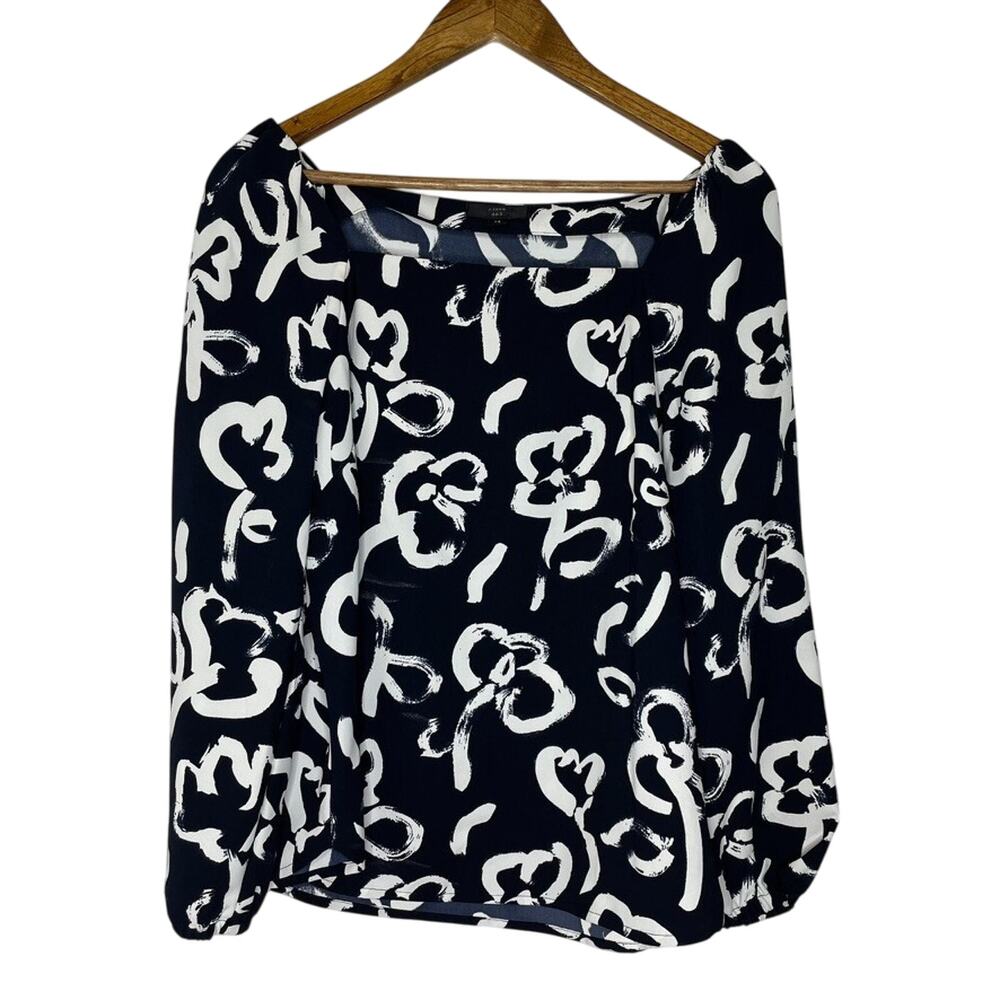 J Crew Top Floral Blouse Blue White Abstract Print Long Sleeve 14